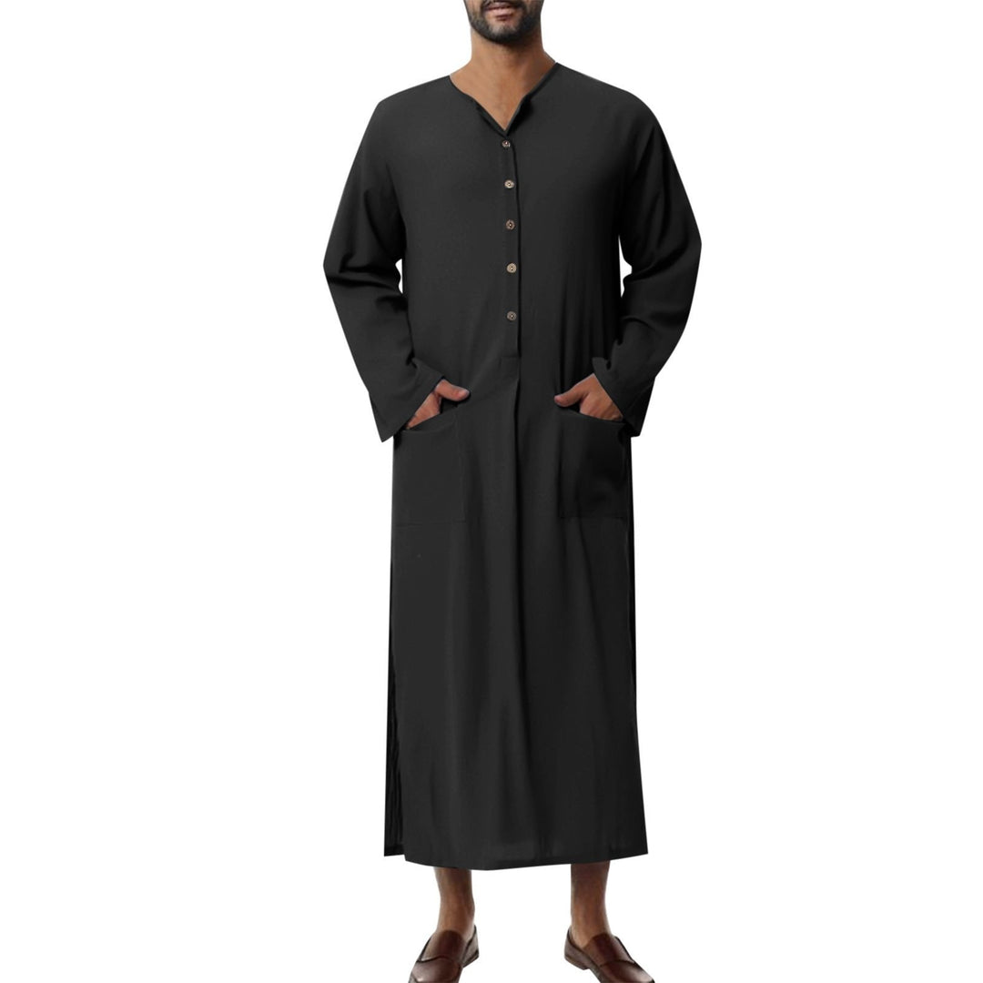 Women's Linen Tunics Stand Collar Button Placket Relaxed Maxi Style