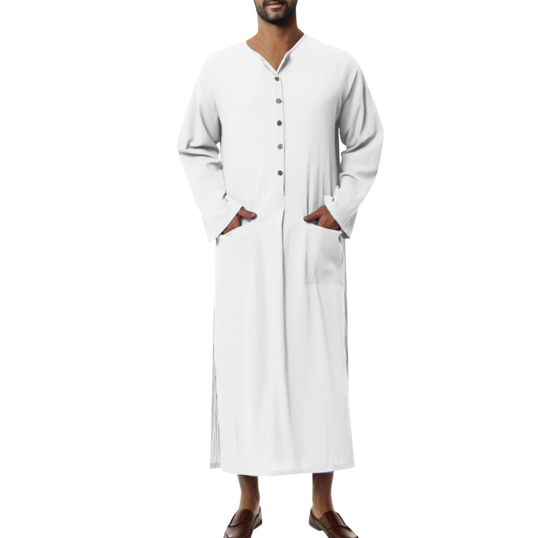 Women's Linen Tunics Stand Collar Button Placket Relaxed Maxi Style