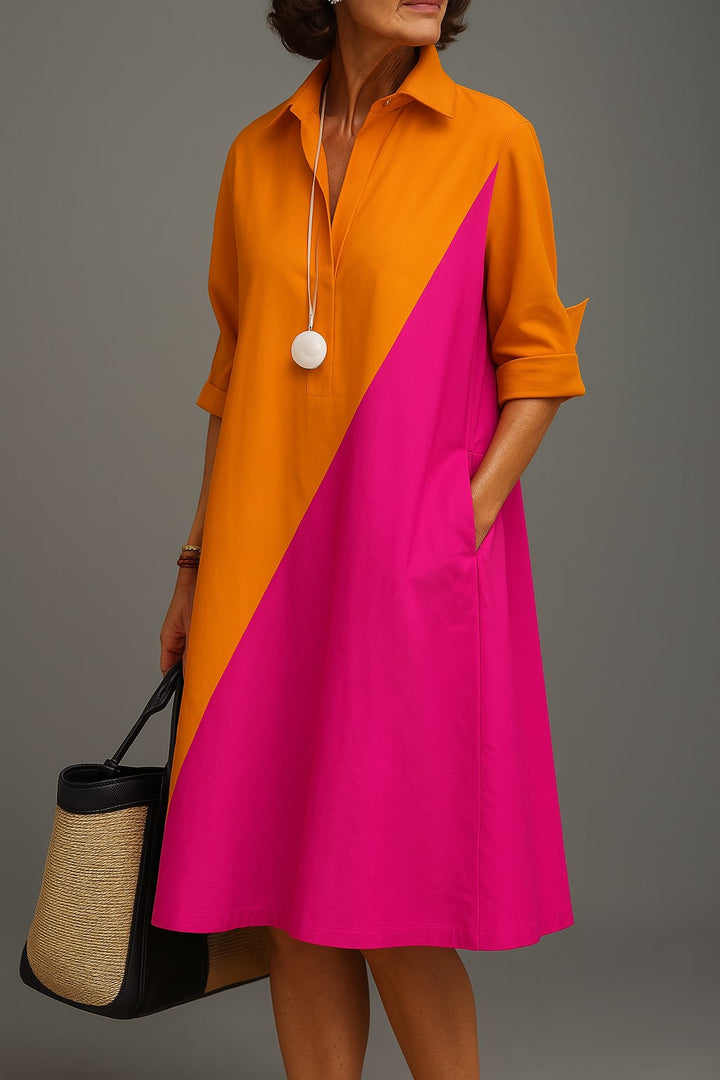 Women's Colorblock Shirt Dress Elbow Sleeve Collared Side Pockets Relaxed Style