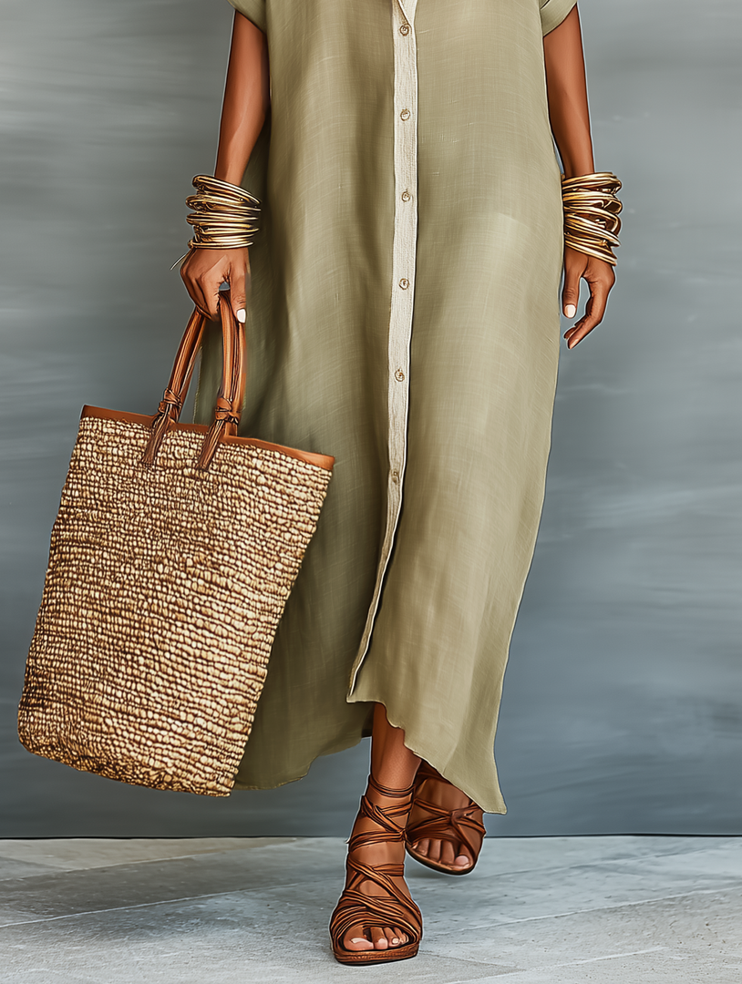 Women's Shirt Dress Collared Neck Button Front Elbow Sleeve Linen Oversized Casual Maxi Style