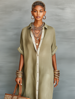 Load image into Gallery viewer, Women's Shirt Dress Collared Neck Button Front Elbow Sleeve Linen Oversized Casual Maxi Style
