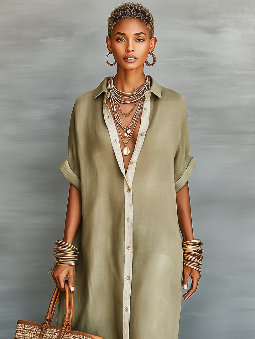Women's Shirt Dress Collared Neck Button Front Elbow Sleeve Linen Oversized Casual Maxi Style