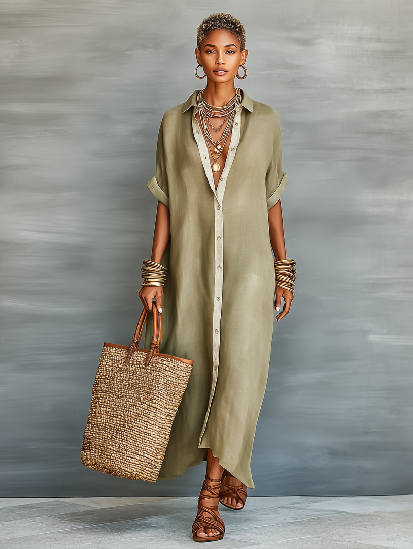 Women's Shirt Dress Collared Neck Button Front Elbow Sleeve Linen Oversized Casual Maxi Style