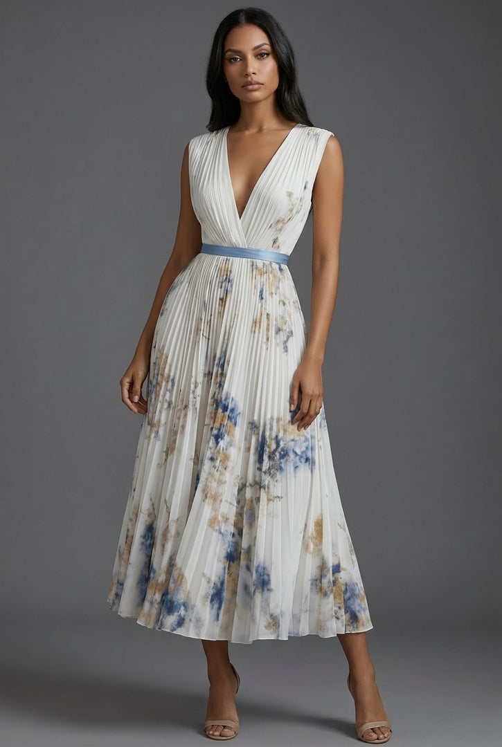 Elegant Mother of the Bride Dresses for Women with Pleated Floral V-Neck Midi Formal Wedding Guest Style