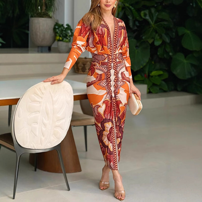 Women's Bodycon Dress V Neck Long Sleeve Printed Midi Style
