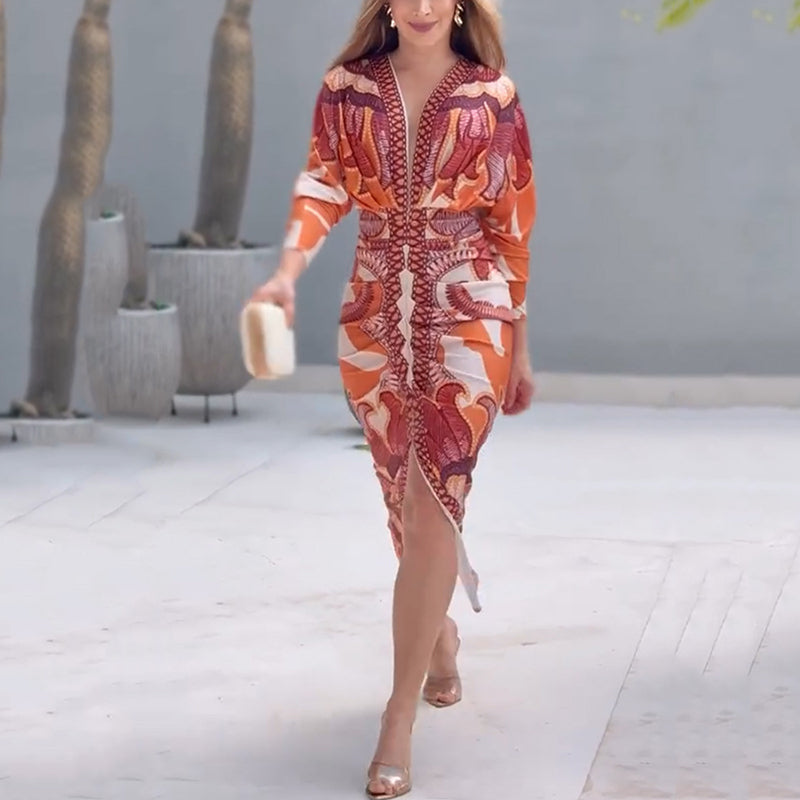 Women's Bodycon Dress V Neck Long Sleeve Printed Midi Style
