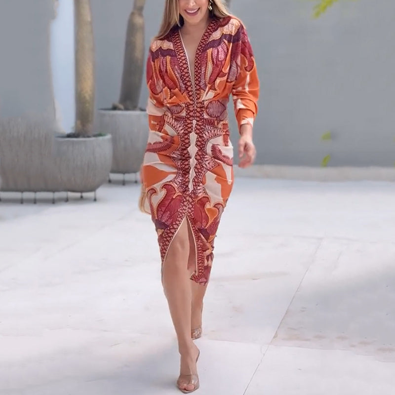 Women's Bodycon Dress V Neck Long Sleeve Printed Midi Style