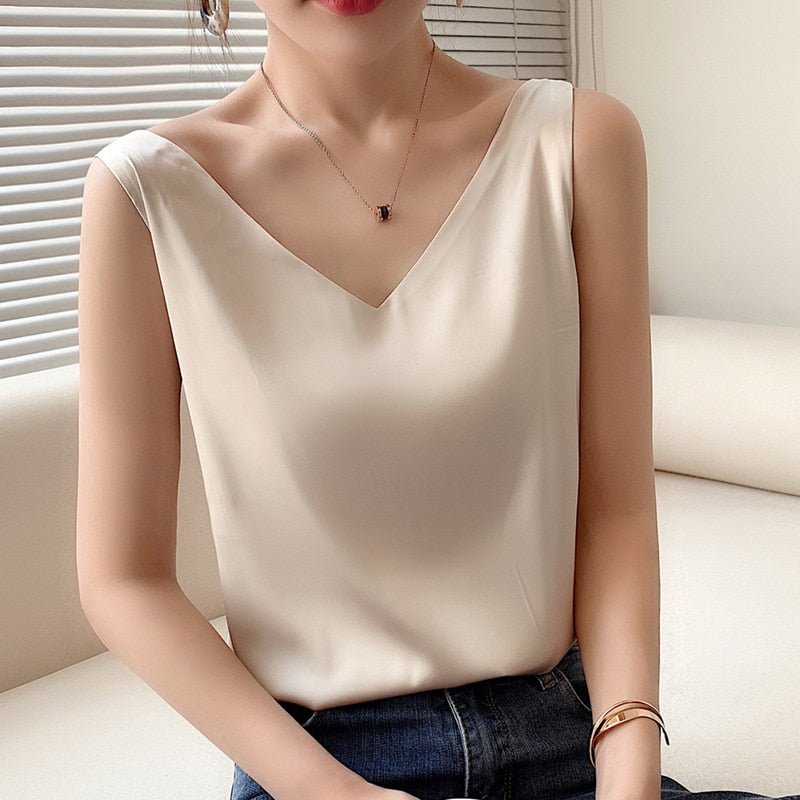 Women's Satin Blouses V-Neck Sleeveless Tank Loose Fit Casual Elegant Style