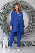 Load image into Gallery viewer, Women's Lace Sleeve Two Piece Set V-Neck Chiffon Cardigan Wide Leg Pants Formal Wedding Guest Style

