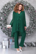 Load image into Gallery viewer, Women's Lace Sleeve Two Piece Set V-Neck Chiffon Cardigan Wide Leg Pants Formal Wedding Guest Style
