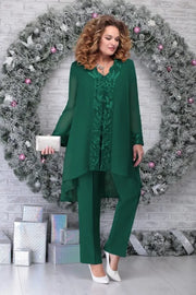 Women's Lace Sleeve Two Piece Set V-Neck Chiffon Cardigan Wide Leg Pants Formal Wedding Guest Style