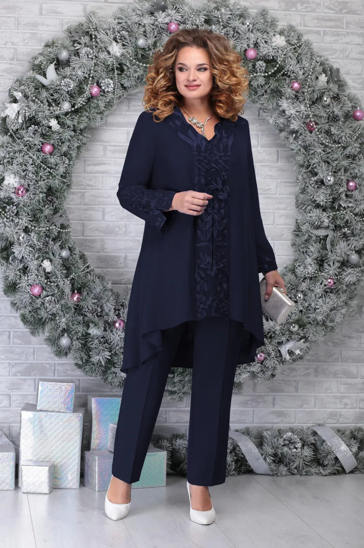 Women's Lace Sleeve Two Piece Set V-Neck Chiffon Cardigan Wide Leg Pants Formal Wedding Guest Style