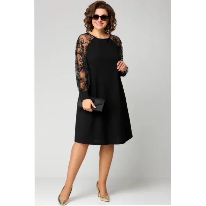 Women's Black a Line Dress Round Neck Lace Long Sleeve Knee Length Formal Wedding Guest Style