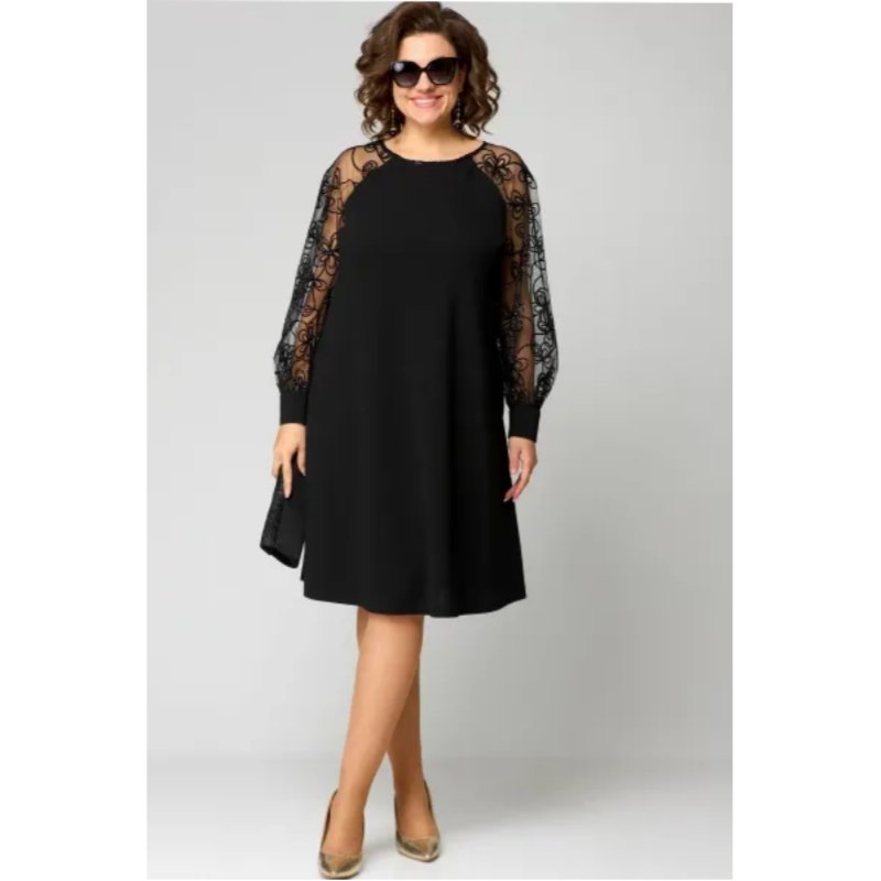 Women's Black a Line Dress Round Neck Lace Long Sleeve Knee Length Formal Wedding Guest Style
