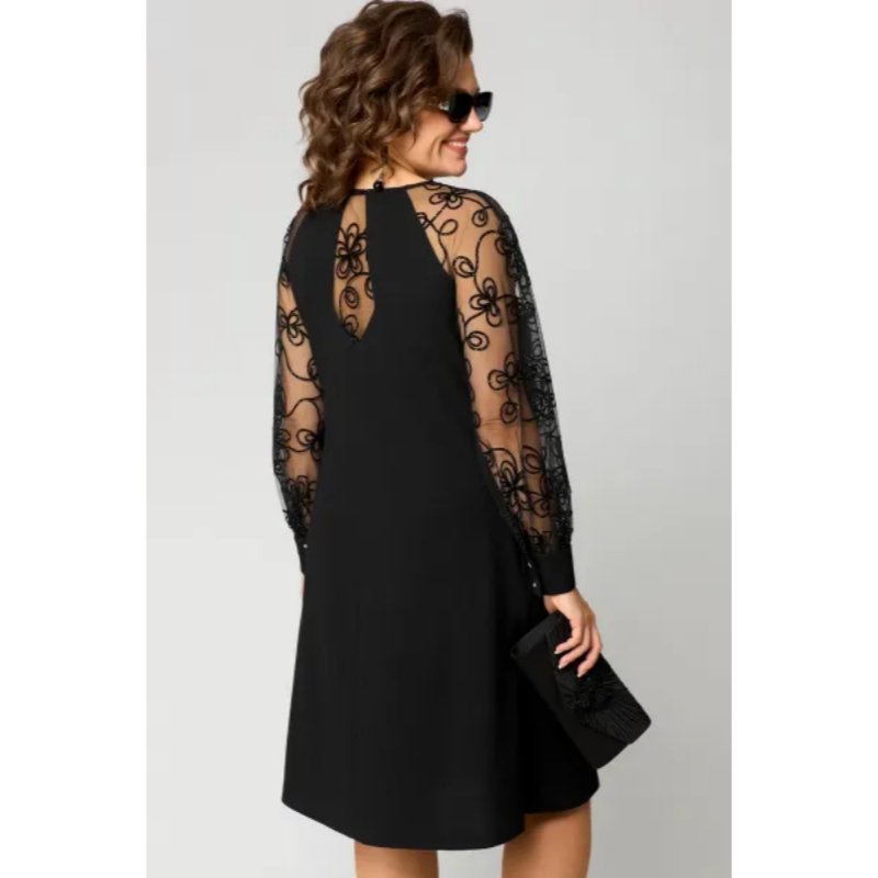 Women's Black a Line Dress Round Neck Lace Long Sleeve Knee Length Formal Wedding Guest Style