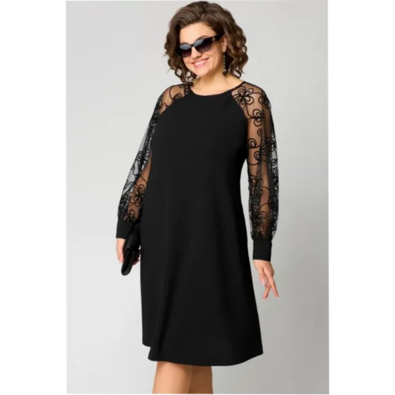 Women's Black a Line Dress Round Neck Lace Long Sleeve Knee Length Formal Wedding Guest Style