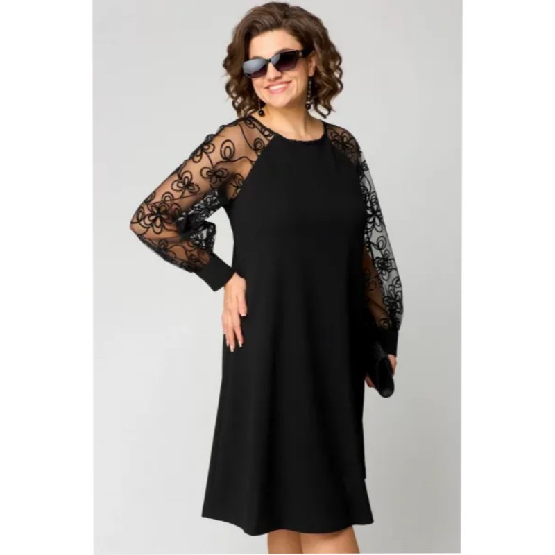 Women's Black a Line Dress Round Neck Lace Long Sleeve Knee Length Formal Wedding Guest Style