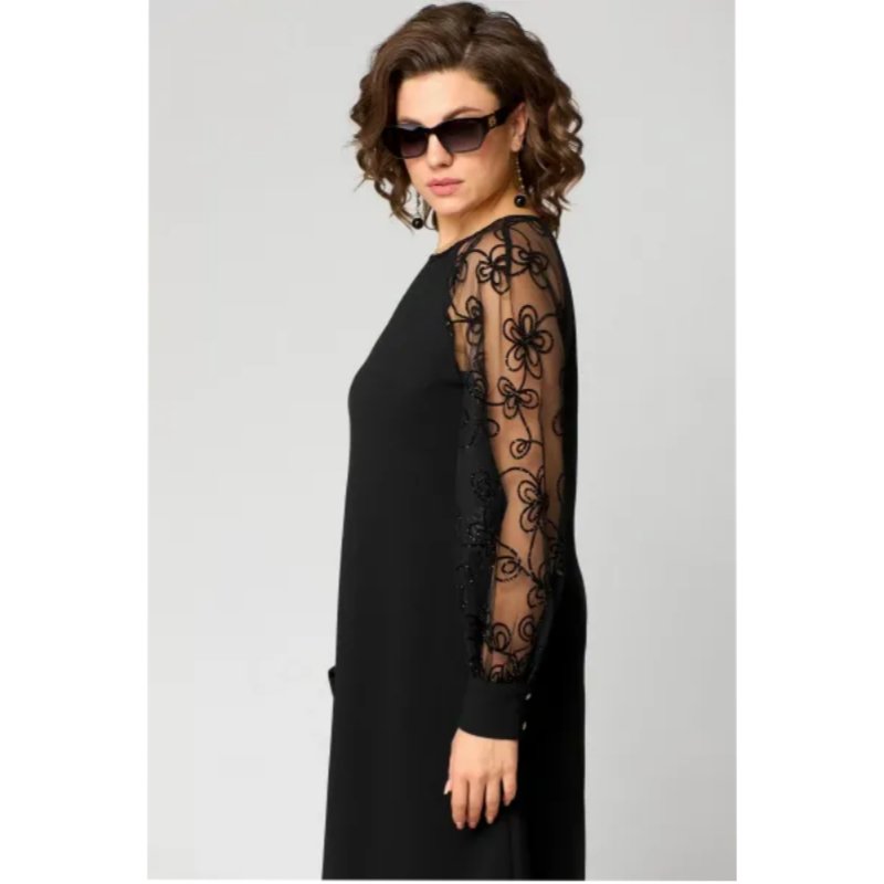 Women's Black a Line Dress Round Neck Lace Long Sleeve Knee Length Formal Wedding Guest Style