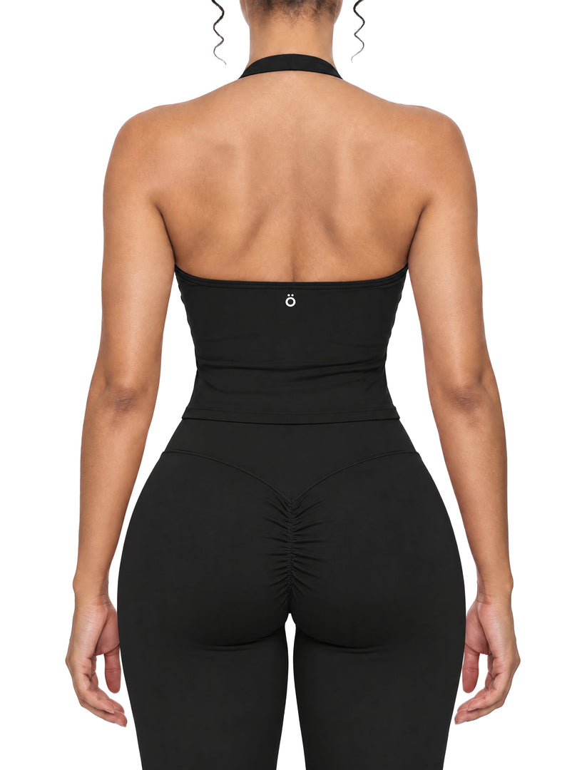 Albina Ruched Halter Yoga Tank Top - In Black