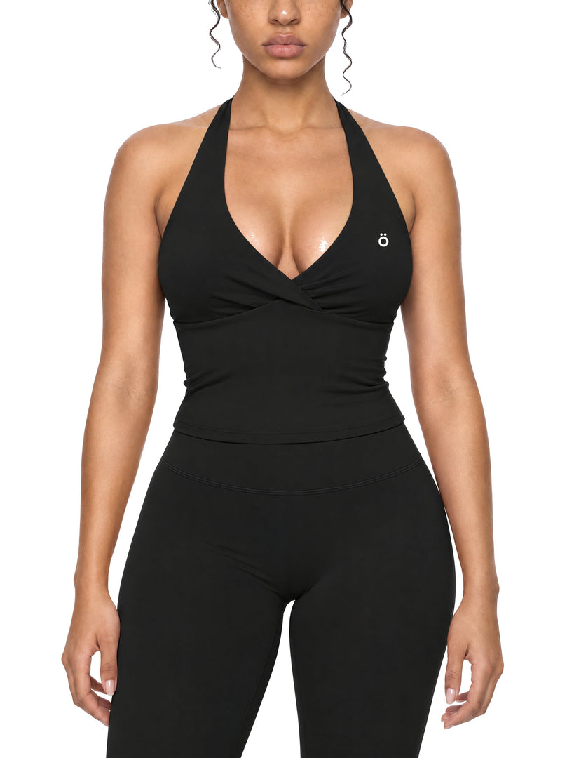 Albina Ruched Halter Yoga Tank Top - In Black