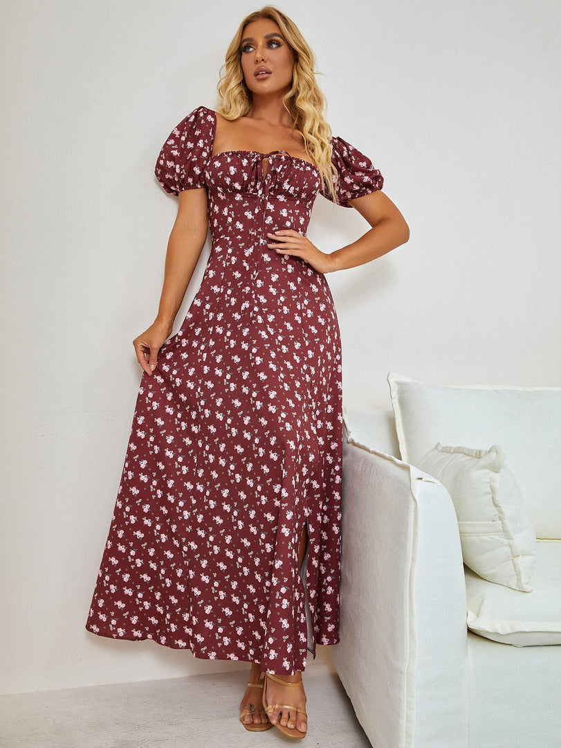 Puff Sleeve High Split Floral Print Dress | Wedding Guest Dress, Vacation Dress