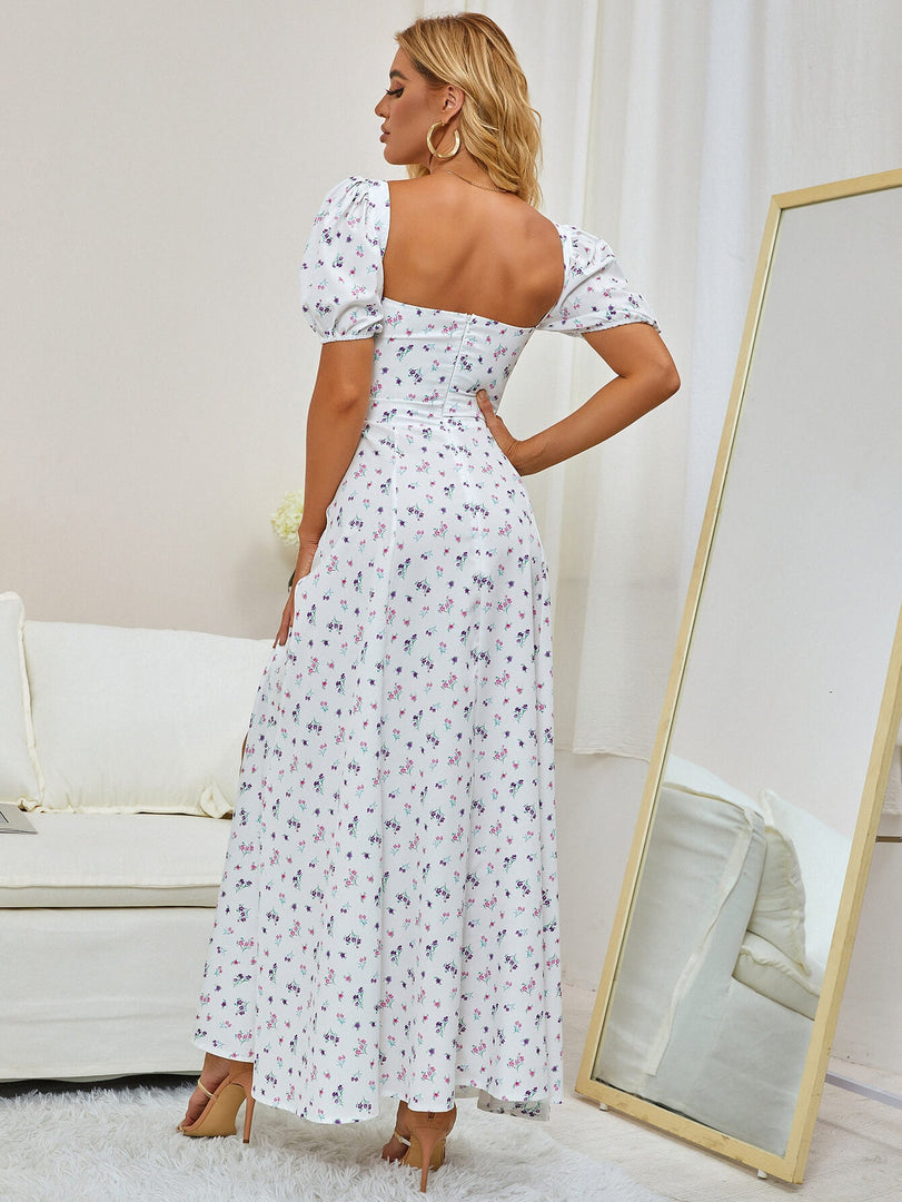 Puff Sleeve High Split Floral Print Dress | Wedding Guest Dress, Vacation Dress