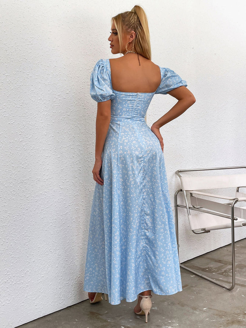 Puff Sleeve High Split Floral Print Dress | Wedding Guest Dress, Vacation Dress