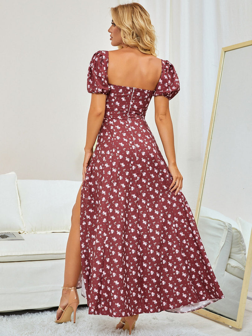 Puff Sleeve High Split Floral Print Dress | Wedding Guest Dress, Vacation Dress
