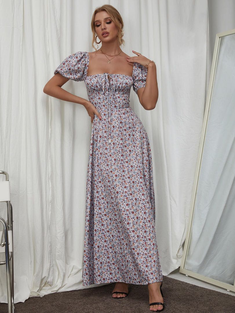 Puff Sleeve High Split Floral Print Dress | Wedding Guest Dress, Vacation Dress