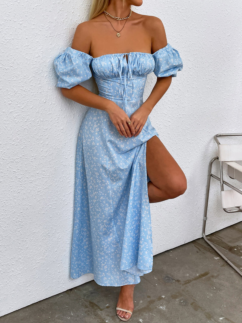 Puff Sleeve High Split Floral Print Dress | Wedding Guest Dress, Vacation Dress