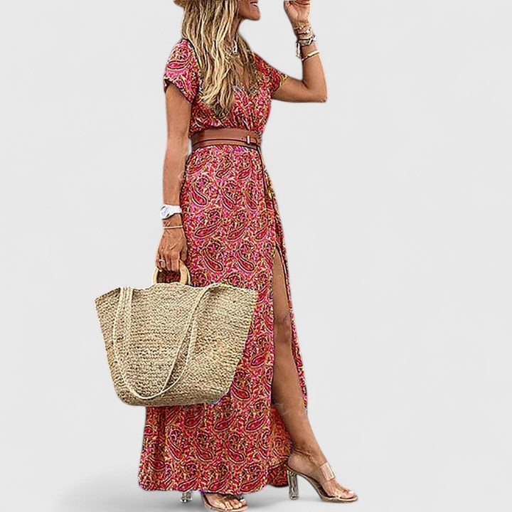 Women's Paisley Print Maxi Dress V Neck Short Sleeve Belted Side Slit Flowing Boho Style