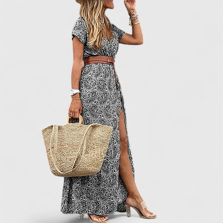 Women's Paisley Print Maxi Dress V Neck Short Sleeve Belted Side Slit Flowing Boho Style