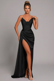 Women's Satin Maxi Dress for Formal Wedding Guest Style with Strapless Ruched Bodice