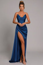 Load image into Gallery viewer, Elegant Satin Maxi Dress for Formal Wedding Guest Style with Strapless Ruched Bodice

