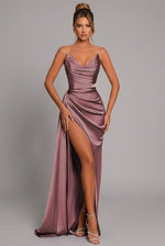 Load image into Gallery viewer, Elegant Satin Maxi Dress for Formal Wedding Guest Style with Strapless Ruched Bodice
