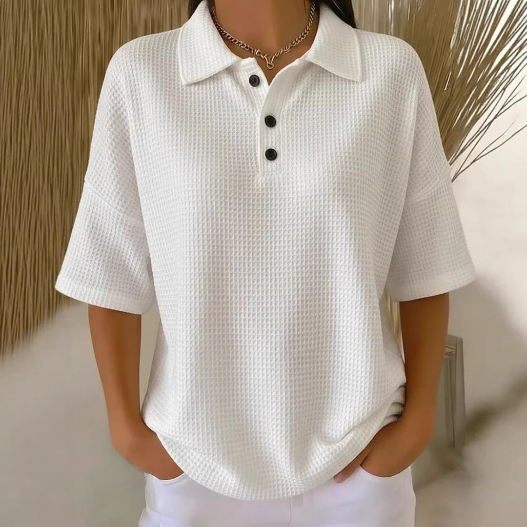Women's Waffle Knit Blouses Polo Neck Button Short Sleeve Loose Fit Casual Style
