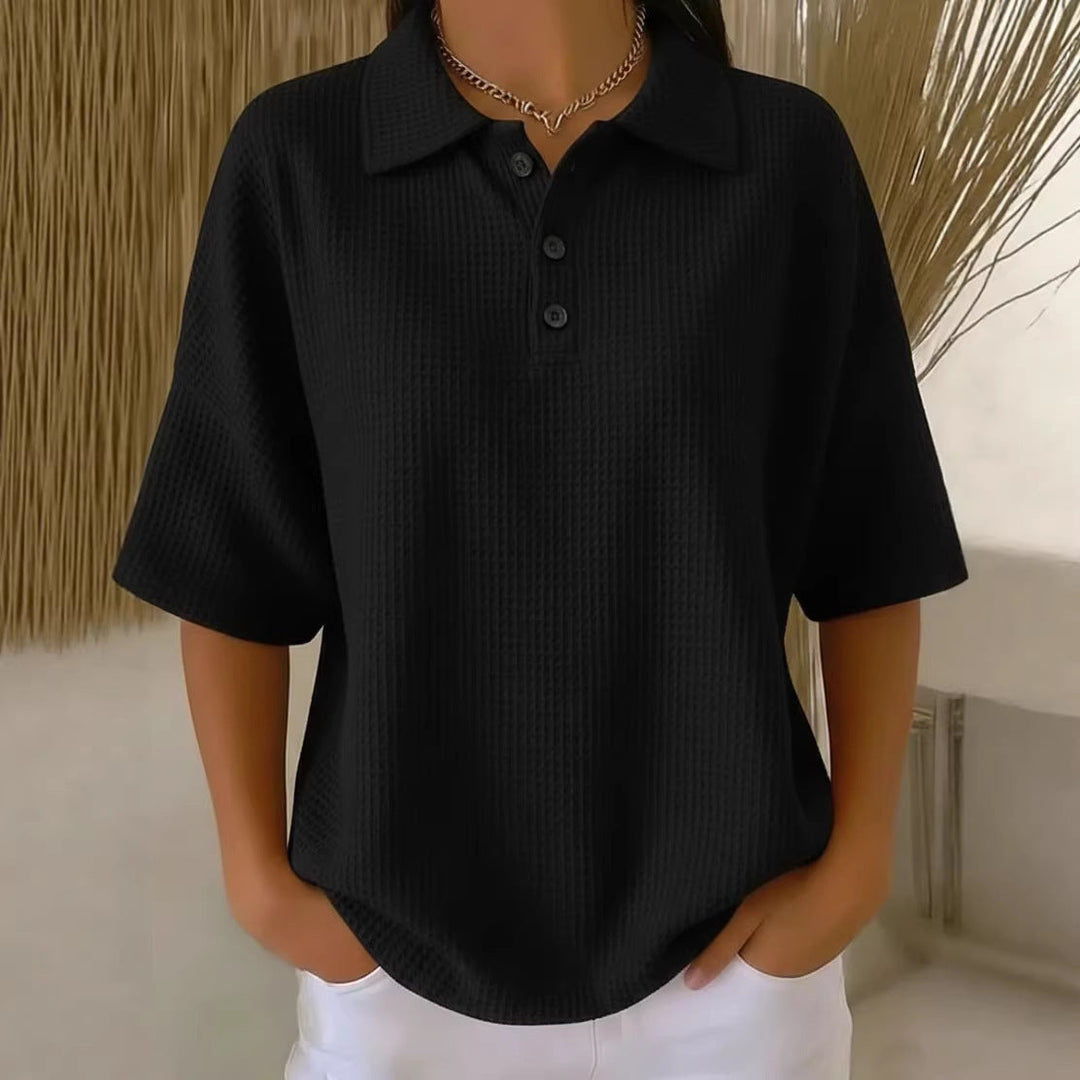Women's Waffle Knit Blouses Polo Neck Button Short Sleeve Loose Fit Casual Style