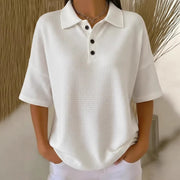Women's Waffle Knit Blouses Polo Neck Button Short Sleeve Loose Fit Casual Style