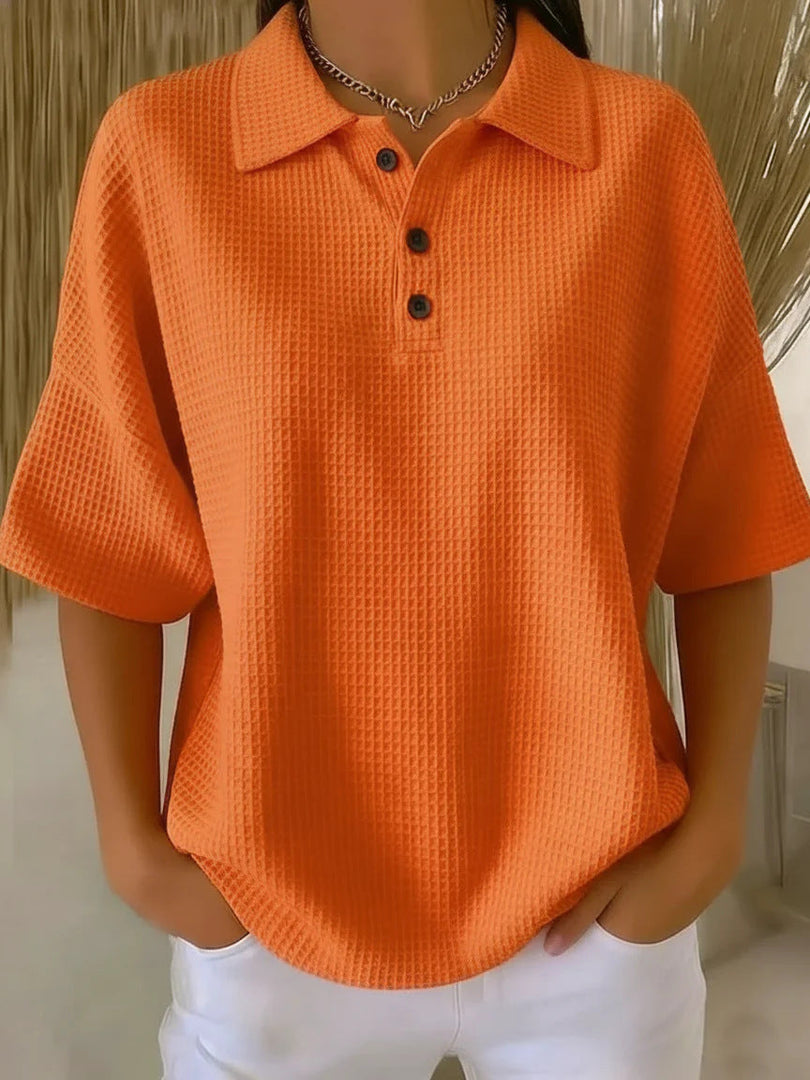 Women's Waffle Knit Blouses Polo Neck Button Short Sleeve Loose Fit Casual Style