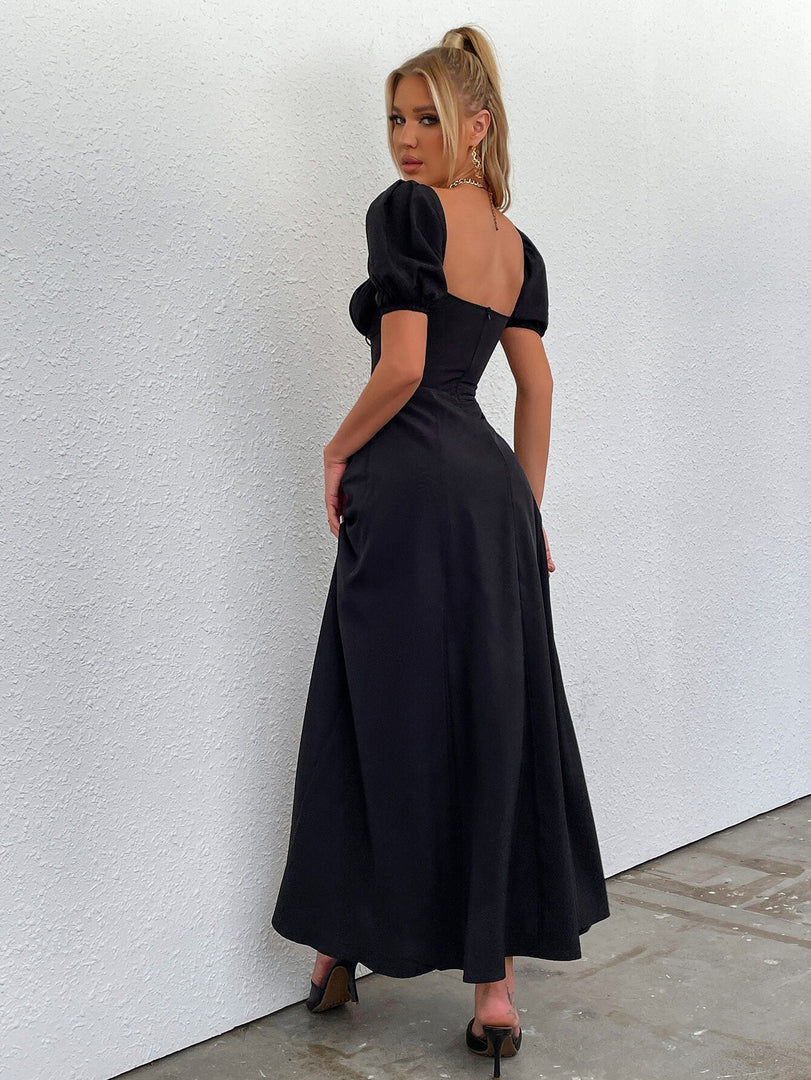 Puff Sleeve Tie Front Off Shoulder Slit Thigh Dress | Wedding Guest Dress