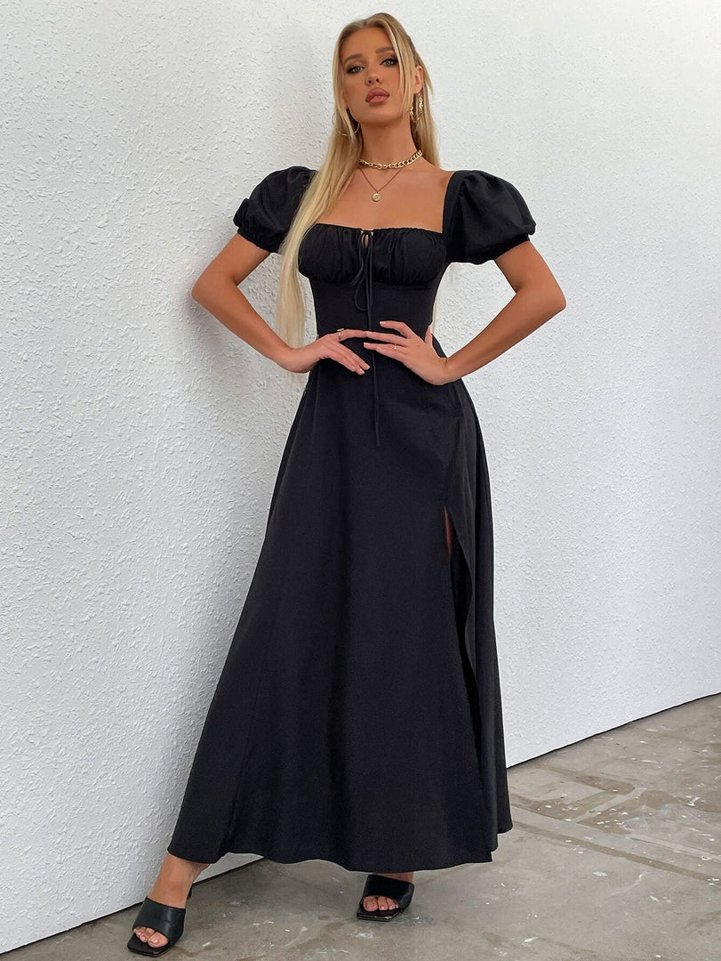 Puff Sleeve Tie Front Off Shoulder Slit Thigh Dress | Wedding Guest Dress