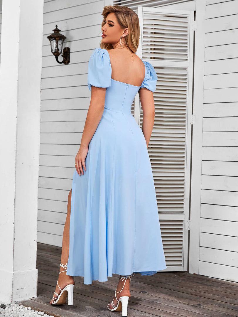 Puff Sleeve Tie Front Off Shoulder Slit Thigh Dress | Wedding Guest Dress