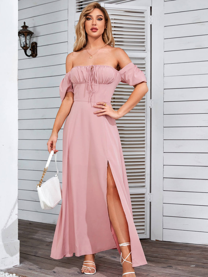 Puff Sleeve Tie Front Off Shoulder Slit Thigh Dress | Wedding Guest Dress