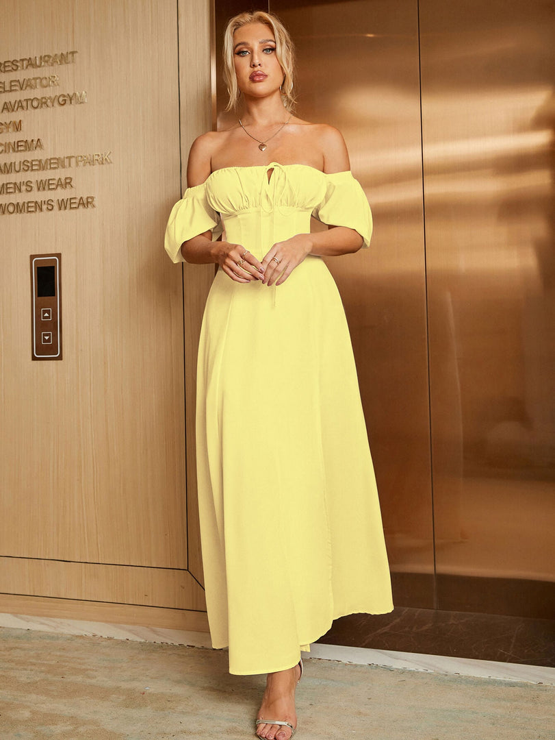 Puff Sleeve Tie Front Off Shoulder Slit Thigh Dress | Wedding Guest Dress