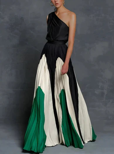 Elegant Mother of the Bride Dresses for Women with One Shoulder Color Block Pleated Maxi Gown Formal Wedding Guest Style