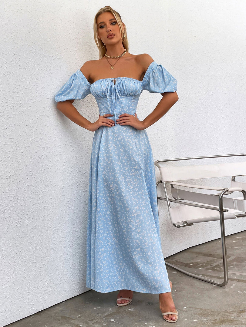 Puff Sleeve High Split Floral Print Dress | Wedding Guest Dress, Vacation Dress
