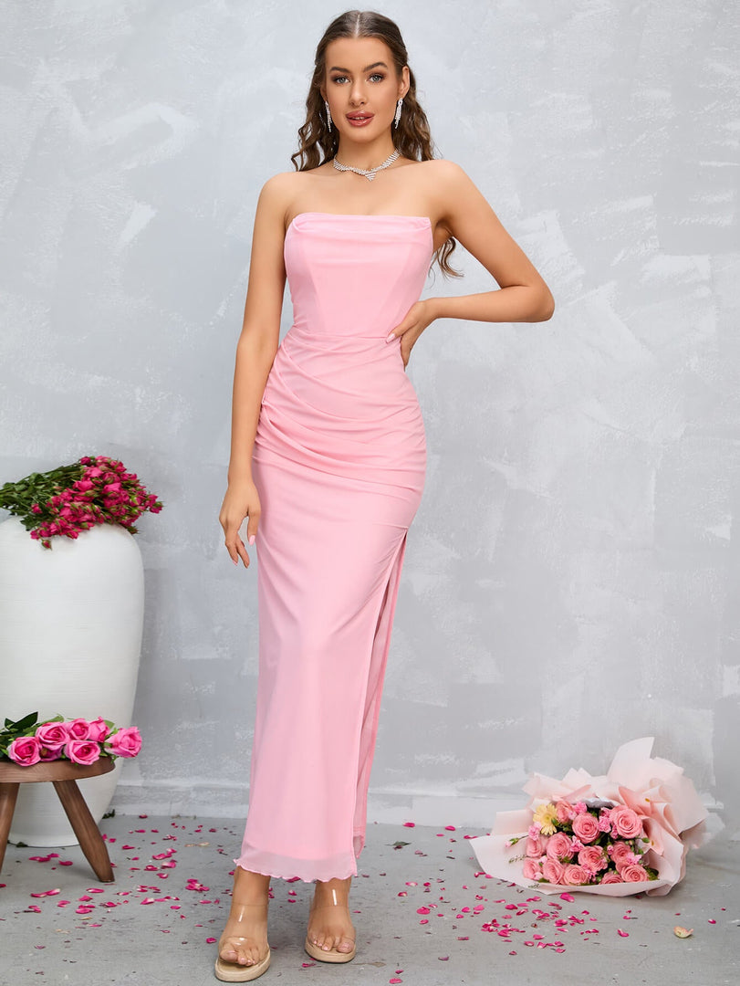 Split Thigh Ruched Tube Dress | Wedding Guest Dress