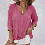 Load image into Gallery viewer, Women's Henley Blouses V Neck Button Elbow Sleeve Relaxed Soft Knit Style
