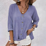 Load image into Gallery viewer, Women's Henley Blouses V Neck Button Elbow Sleeve Relaxed Soft Knit Style
