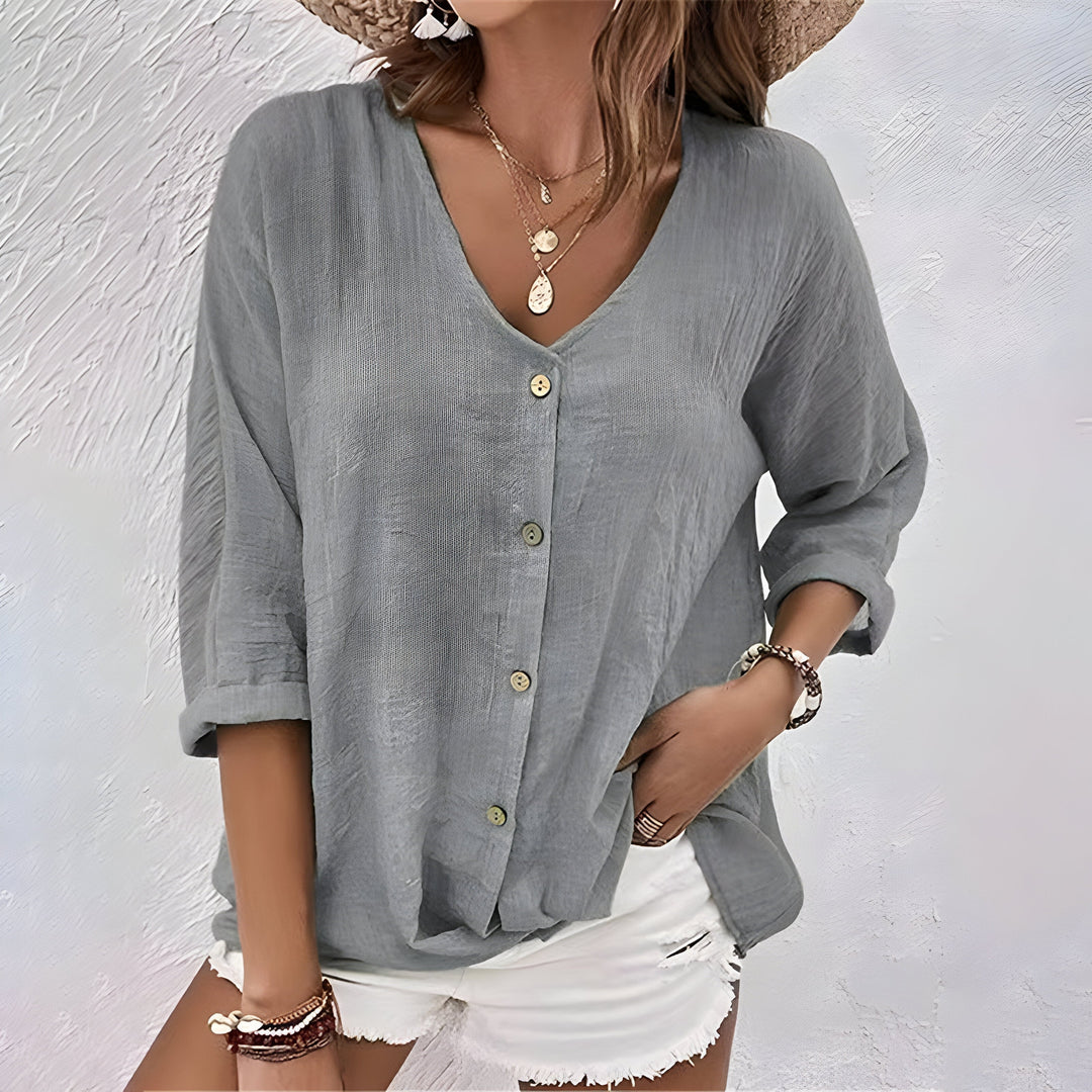 Women's Henley Blouses V Neck Button Elbow Sleeve Relaxed Soft Knit Style